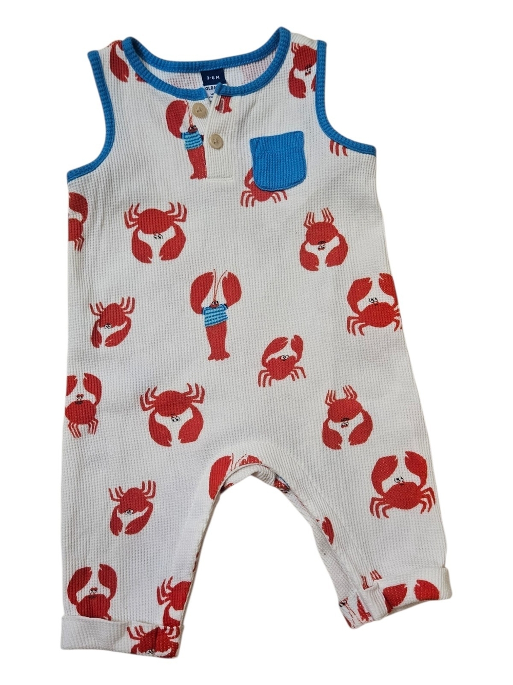 Old Navy White Tank Romper with Red Crab Print and Blue Trim